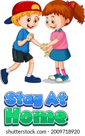 Two kids cartoon character do not keep social distance with Stay at Home font isolated on white background illustration