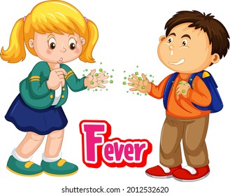 Two kids cartoon character do not keep social distance with Fever font isolated on white background illustration