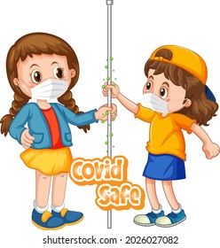Two kids cartoon character do not keep social distance with Covid Safe font isolated on white background illustration