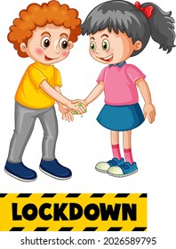 Dos niños caricaturistas no mantienen la distancia social con el tipo de letra Lockdown aislado en la ilustración de fondo blanco