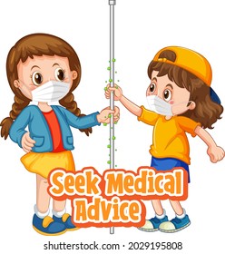 Dos niños caricaturistas no mantienen la distancia social con el tipo de letra Seek Medical Advice aislado en la ilustración de fondo blanco
