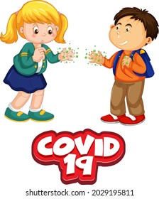 Dos niños caricaturistas no mantienen la distancia social con fuentes Covid-19 aisladas en ilustraciones de fondo blanco