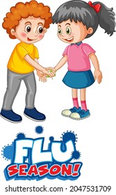 Two kids cartoon character do not keep social distance with Flu season font isolated on white background illustration
