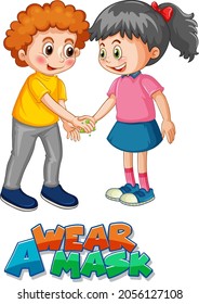 Two kids cartoon character do not keep social distance with Wear a Mask font isolated on white background illustration