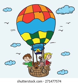 two kids, cat and dog in a balloon cartoon illustration