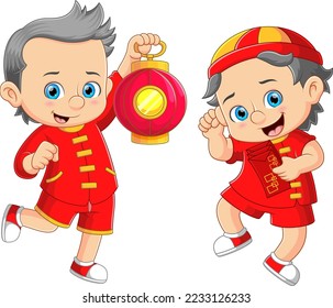 Two kids celebrating Chinese New Years of illustration