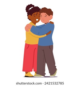 Two Kids Characters In A Heartwarming Embrace, White Boy And Black Girl, Share A Joyful Hug, Radiating Innocence And Friendship That Transcends Words. Cartoon People Vector Illustration