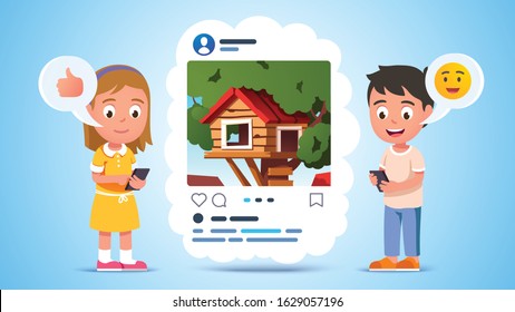 Two kids characters talking, chatting, sharing over video conference mobile phone messaging app. Modern people social network online discussion. Children communication concept flat vector illustration