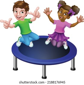 Two Kids Or Children Jumping On A Round Cartoon Trampoline