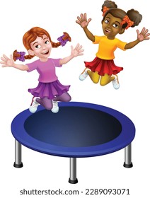 Two kids or children jumping on a round cartoon trampoline