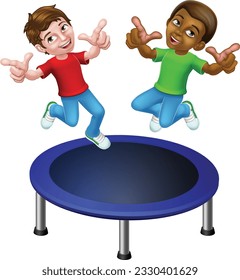 Two kids or children jumping on a round cartoon trampoline