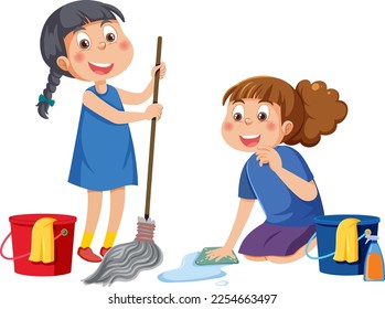 Two kids cleaning cartoon character illustration