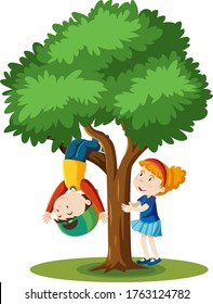 Two kids are climbing the tree cartoon style isolated on white background illustration