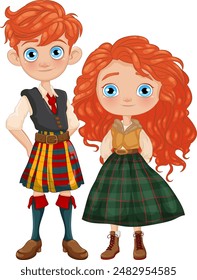 Two kids in colorful Scottish kilts