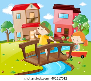 Two kids crossing a bridge