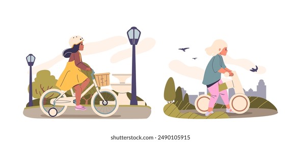 Two Kids Cycling Through A Scenic Park With Greenery And Lamp Posts. Image Evokes Feelings Of Leisure, Health