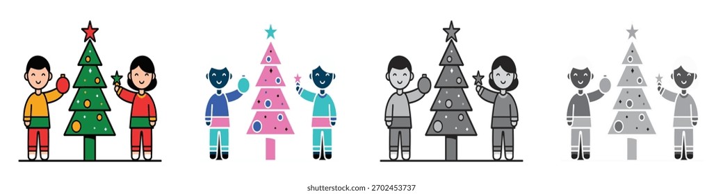 Two kids decorating a Christmas tree with ornaments illustrated in a lively colorful cartoon style. – icon set multiple style collection.