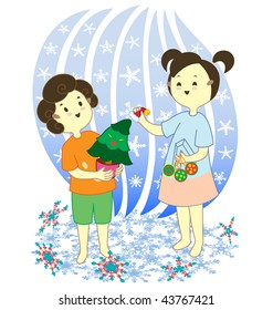 two kids decorating a small Christmas tree, with a boy holding the tress and the girl decorating it.