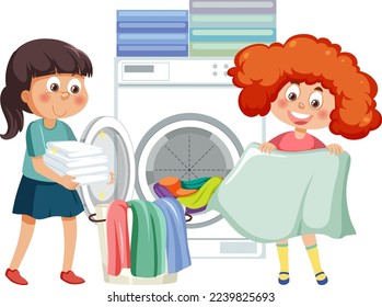 Two kids doing laundry with washing machine illustration