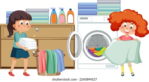 Two kids doing laundry with washing machine illustration