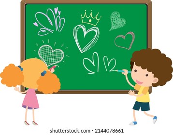 Two kids drawing heart doodle on chalkboard illustration