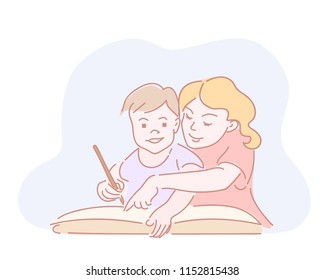 Two kids drawing homework in big book. Hand drawn style doodle design. Vector illustration