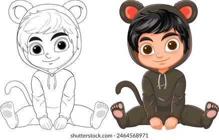 Two kids dressed as bear and panda, sitting