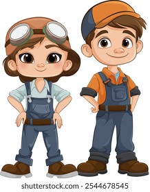 Two kids dressed as engineers, smiling confidently