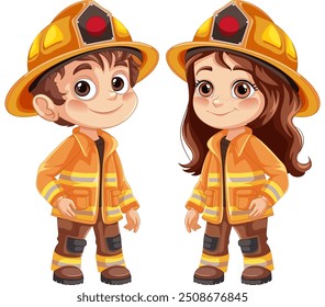 Two kids dressed as firefighters smiling