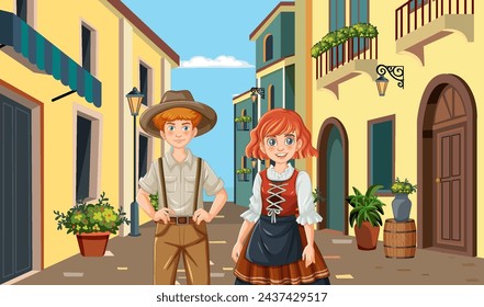 Two kids dressed in folk costumes on a street