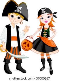 Two kids dressed as pirates for Halloween
