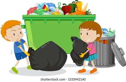 Dos niños tirando basura en la ilustración de la papelera