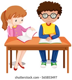 Two Kids Enjoy Reading Books Illustration