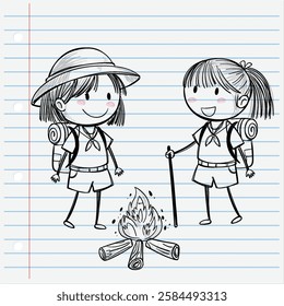 Two kids enjoying a campfire outdoors