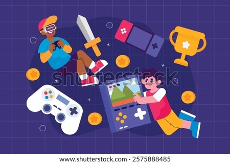 Two kids enjoying gaming activities with gadgets and game items in flat illustration style