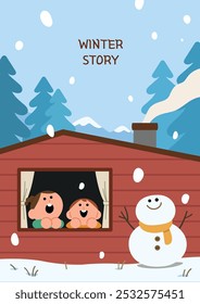 Two kids are enjoying the snow fall. Cartoon style winter landscape illustration.