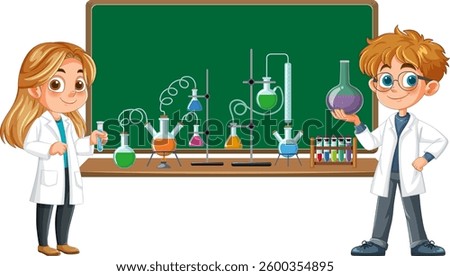 Two kids experimenting with colorful lab equipment