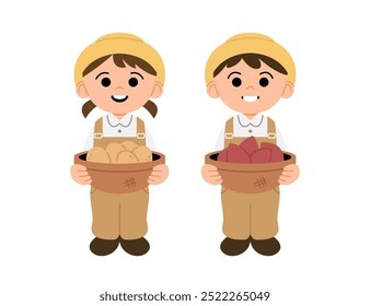 Duas crianças em trajes de fazendeiro estão segurando cestas cheias de batatas e batatas doces. Desenhos animados bonito estilo crianças clip art no fundo branco.