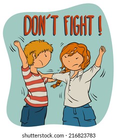 Two Kids Fighting (girl and boy) -  Illustration For Children, Vector Cartoon About Bullying And Behavior Theme.