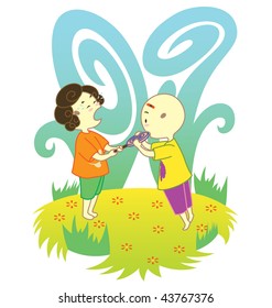Two kids fighting for a lollipop, one got hold of the lollipop and one is crying.