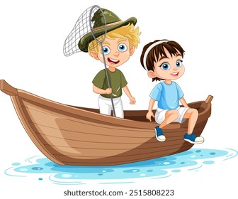 Dos niños pescando en un barco de madera