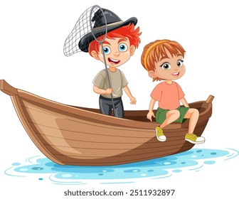 Two kids fishing together on a wooden boat