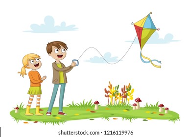 Two Kids Fly A Kite, Isolated On White Background