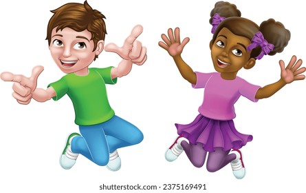 Two kids, girl and boy, cartoon character children jumping for joy