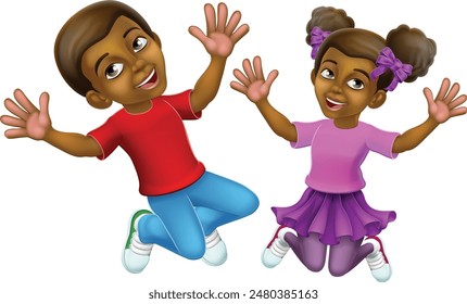 Two kids, girl and boy, cartoon character children jumping for joy