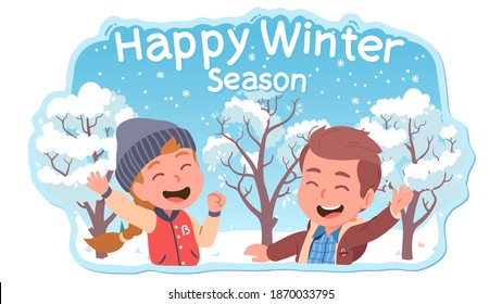 Two kids girl and boy celebrating happy winter season outdoor. Park trees covered in falling snow. Excited smiling children waving hands. Greeting card template. Flat vector character illustration