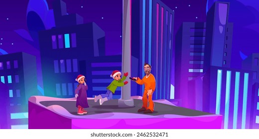 Two kids girl and boy in Santa hats and male escaped prisoner in orange uniform on roof of skyscraper in night city with neon glow. Cartoon vector illustration of danger scene with child and criminal.