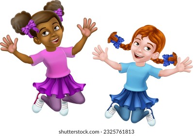 Two kids girls cartoon character children jumping for joy