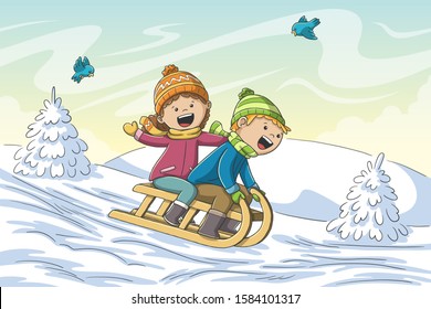 Two kids go sledging. Hand drawn vector illustration with separate layers.