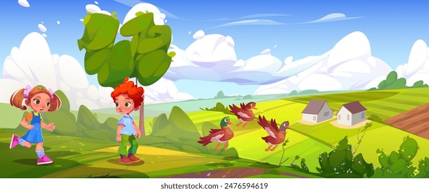 Dos niños yendo a la aldea desde la colina verde y patos silvestres volando por delante en el día de verano. Paisaje de Vector de dibujos animados con amigos de niños y niñas caminando fuera. paisaje rural con casas de campo y campos